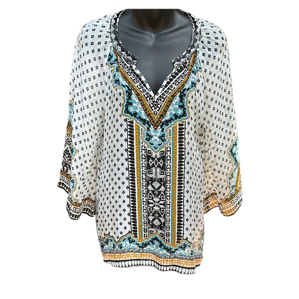 HALE BOB tunic in white, black, blue, & mustard, Small, EUC